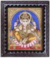 18"x15" Vinayagar Tanjore Painting, Antique + Semi-Embossed Style, Studded With Swarovski Stones. Apt For Ganesha Puja