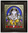 18"x15" Special Tanjore Painting Of Lord Ganesha, in Semi Embossed (2D) & Direct Leaf Style (Antique), With New Padma Design Teakwood Frame