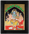 28"x22" Gold Tanjore Painting of Shiva Family With Parvati, Ganesha & Murugan, Perfect Wall Decor For Every Spiritual Family