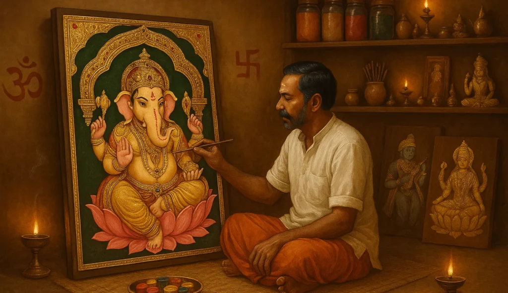 AI image of artist drawing Ganesha Tanjore painting at Mokksha Art Gallery in Chennai.