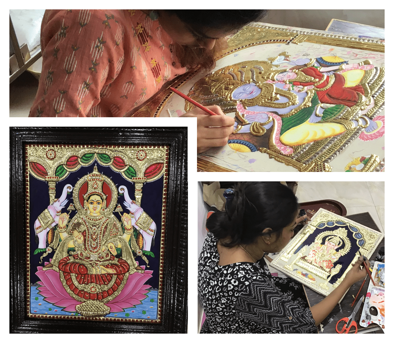 Artist drawing Indian Tanjore painting at Mokksha Art Gallery in Chennai.